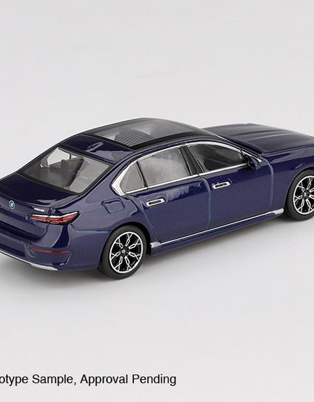 MINI GT #1111 BMW i7 xDrive60 Tanzanite Blue Metallic LHD Diecast