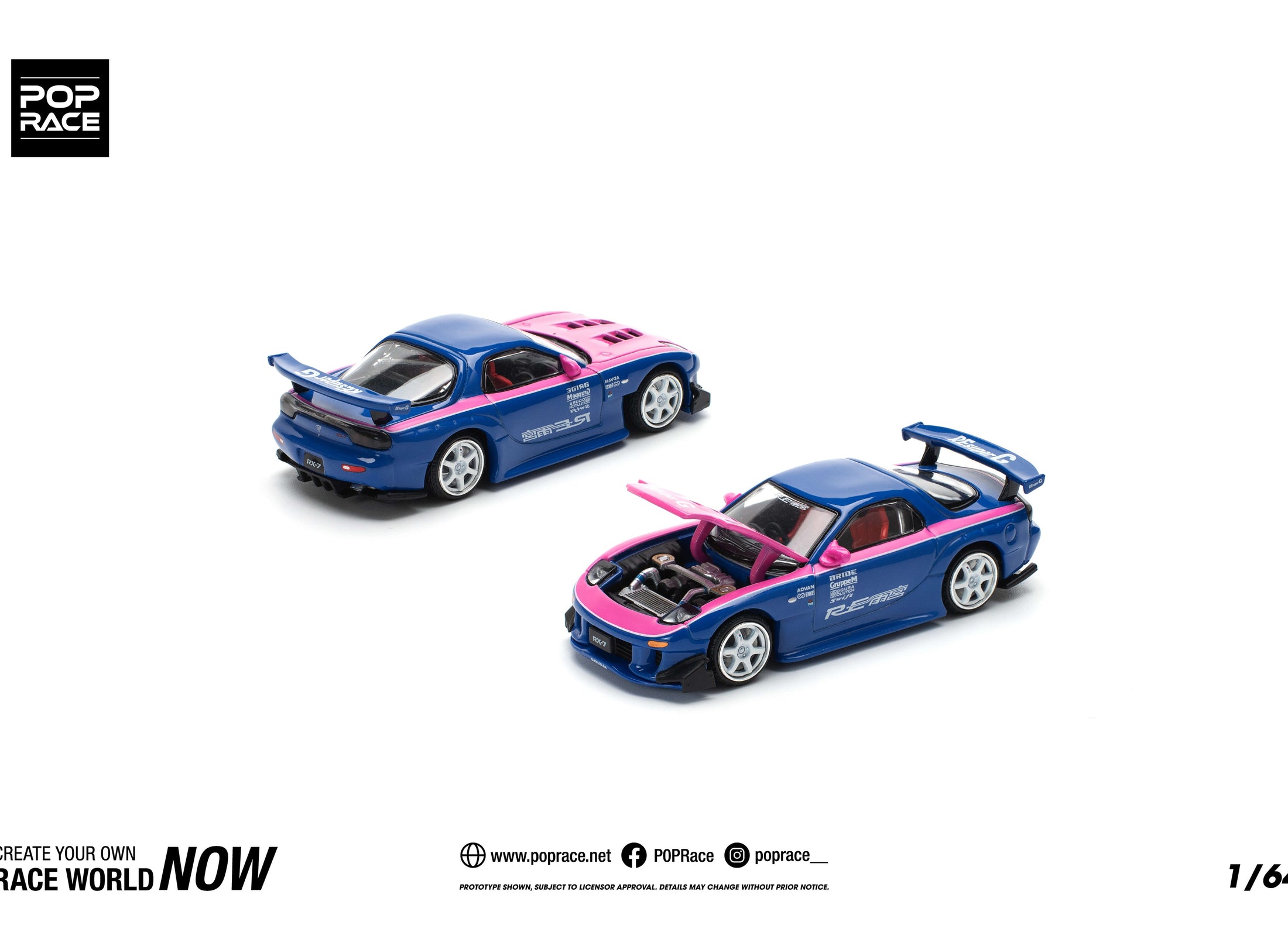 POPRACE 1/64 MAZDA RX7 RE-AMEMIYA - BLUE/PINK model car