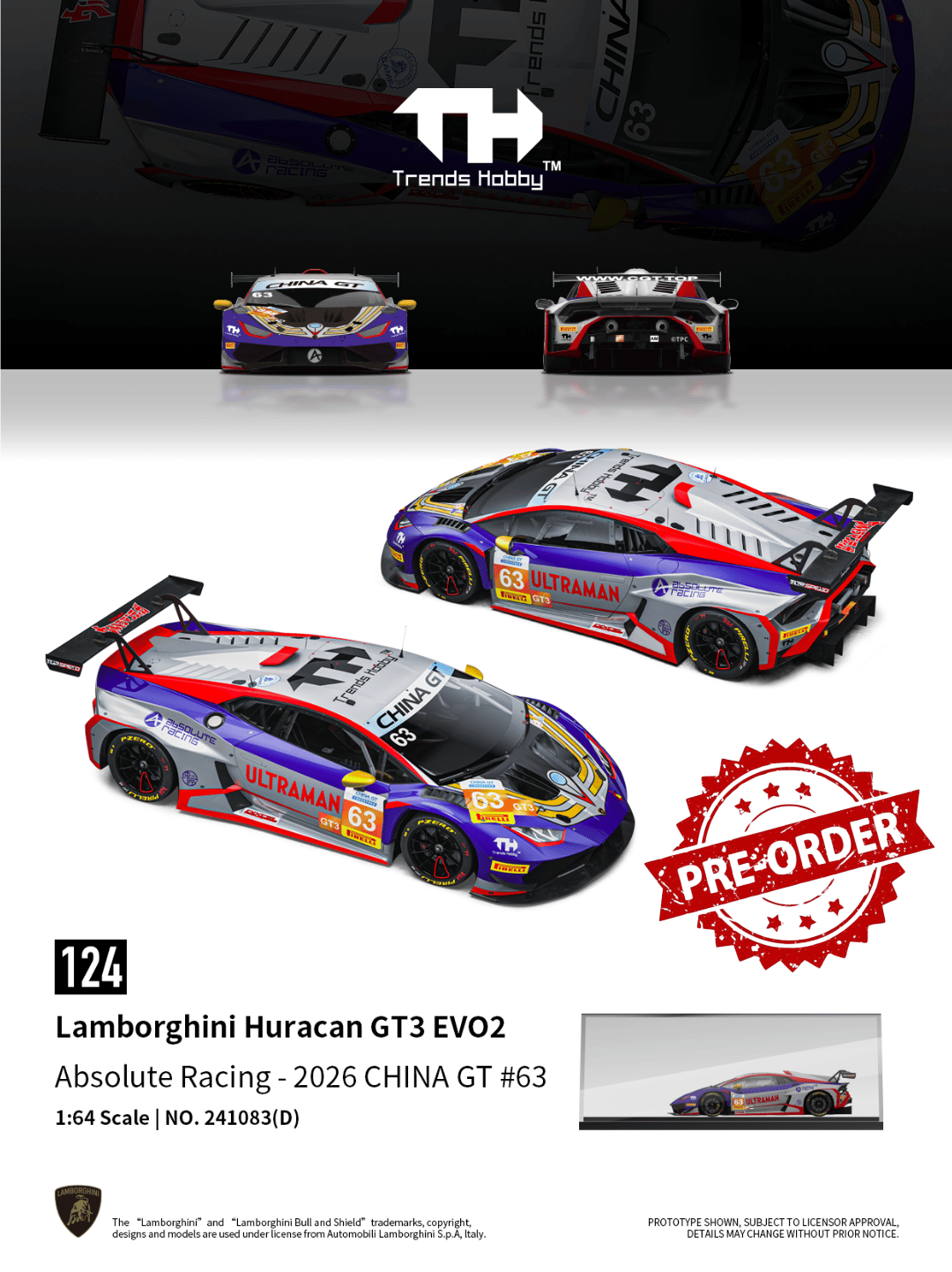(Pre-order) Trends Hobby 1/64  Diecast Lamborghini Huracan GT3 Evo 2 (Ultraman)
