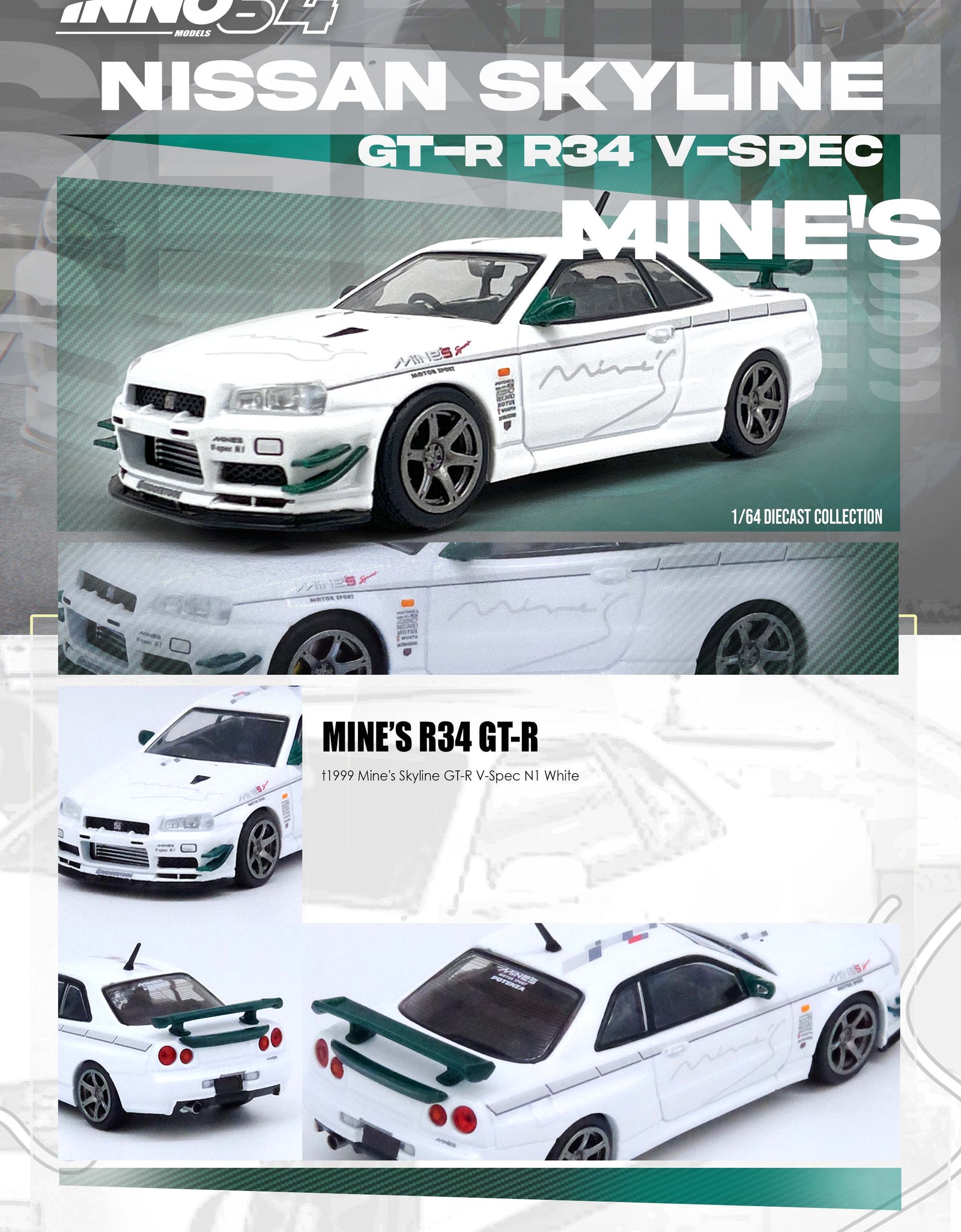 INNO64 MODEL 1/64 NISSAN SKYLINE GT-R (R34) V-SPEC Tuned by "MINE'S"