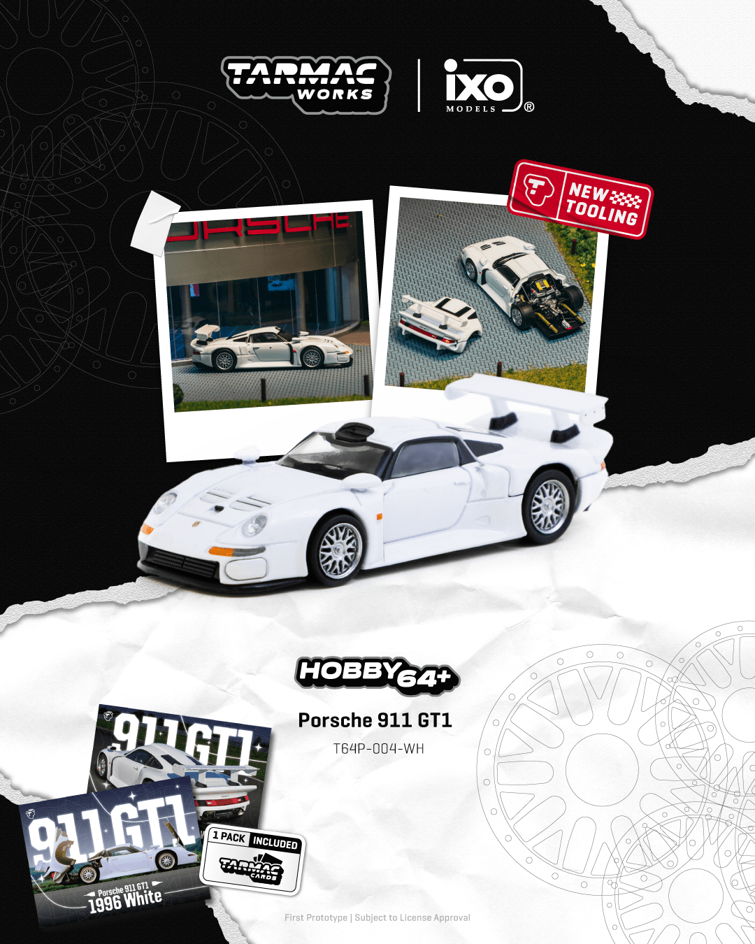 (Pre-order) Tarmac Works 1/64 Porsche 911 GT1 White with Taramc Cards Set