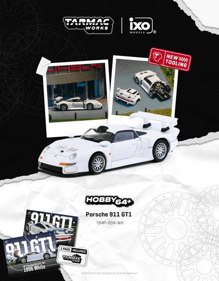 (Pre-order) Tarmac Works 1/64 Porsche 911 GT1 White with Taramc Cards Set