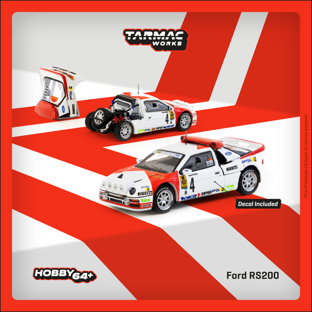 Tarmac Works 1/64 Ford RS200 Rallye Catalunya 1986 Diecast Model Car