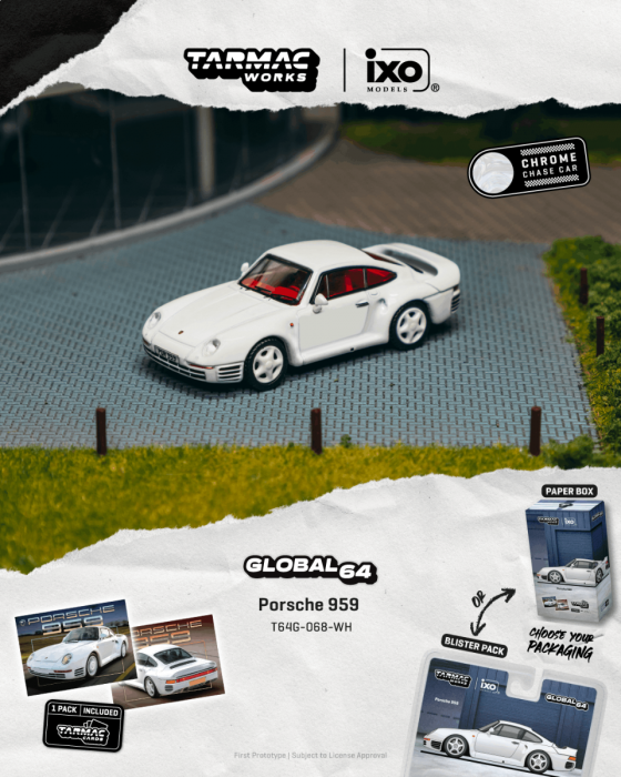 (Pre-order) Tarmac Works 1/64 Porsche 959 White Model Car + Trading Cards Set
