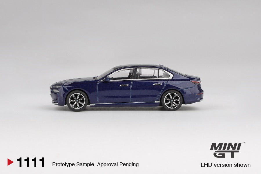 MINI GT #1111 BMW i7 xDrive60 Tanzanite Blue Metallic RHD Diecast