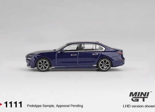 Load image into Gallery viewer, MINI GT #1111 BMW i7 xDrive60 Tanzanite Blue Metallic RHD Diecast
