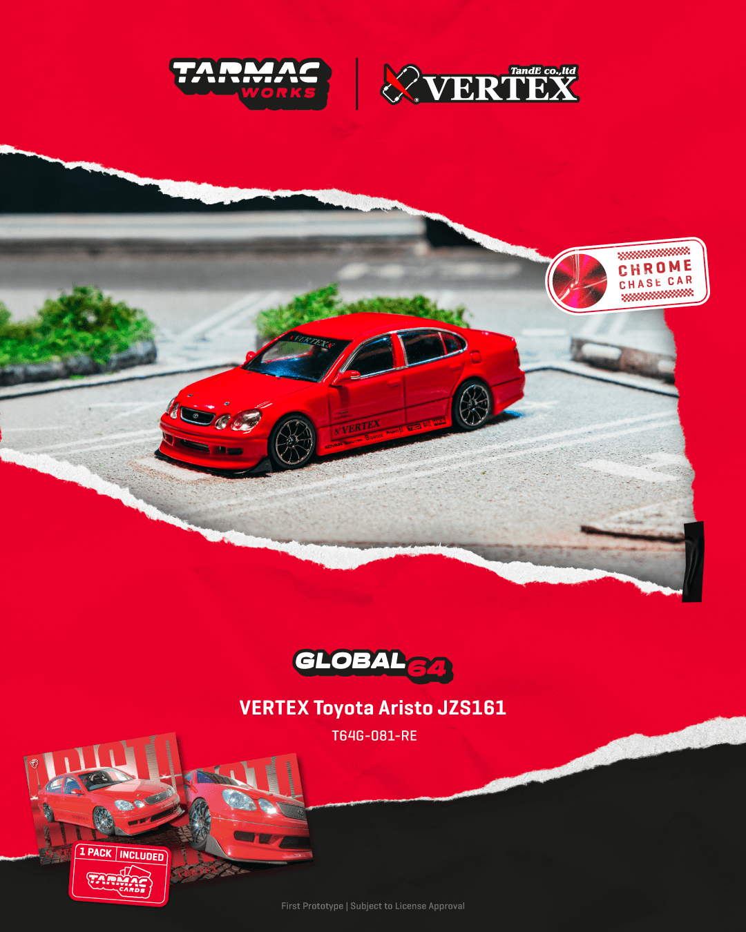 (Pre-order) Tarmac Works 1/64 VERTEX Toyota Aristo JZS161 Red Car+Card Combo Set
