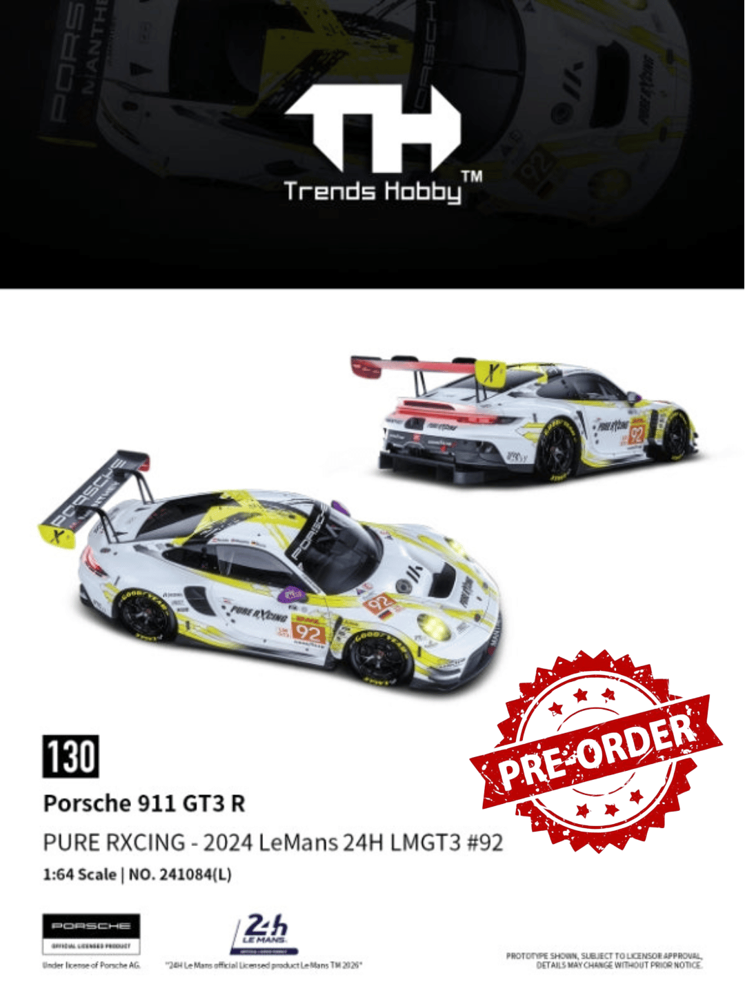(Pre-order) Trends Hobby 1/64 Diecast Porsche 911 GT3 R- LeMans 24H 2024 #92