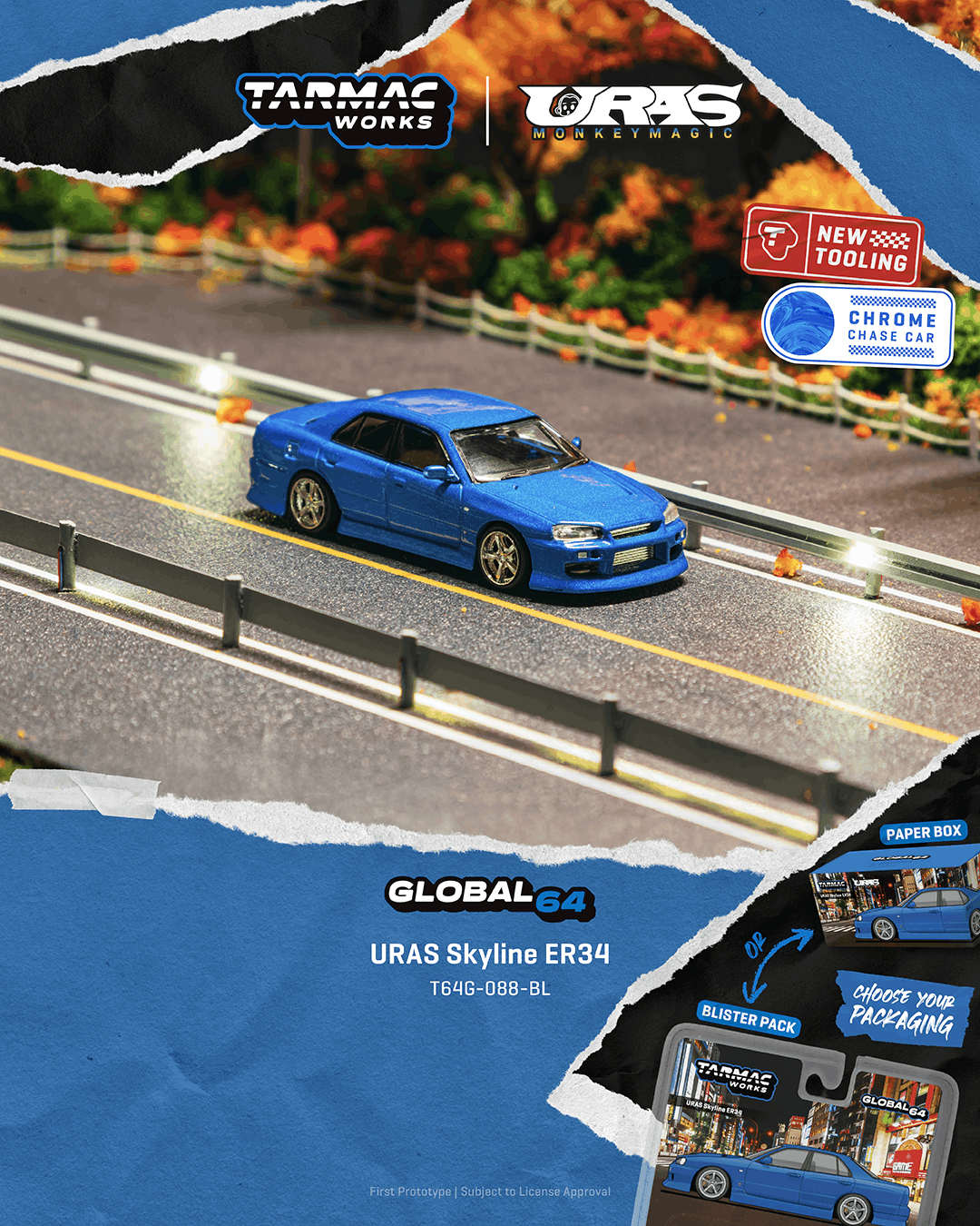 (Pre-order) Tarmac Works 1/64 URAS Skyline ER34 Blue Global64 Diecast Car