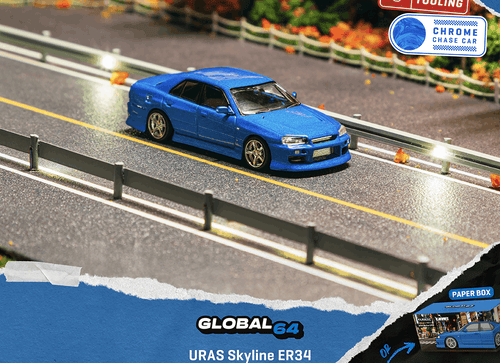 Load image into Gallery viewer, (Pre-order) Tarmac Works 1/64 URAS Skyline ER34 Blue Global64 Diecast Car
