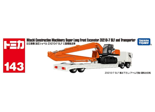 Load image into Gallery viewer, Takara Tomy Tomica No.143 Hitachi Long Front Excavator ZX210-7 SLF &amp; Transporter
