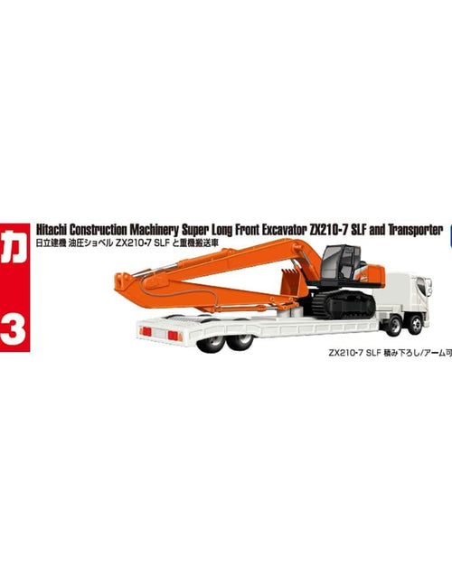 Load image into Gallery viewer, Takara Tomy Tomica No.143 Hitachi Long Front Excavator ZX210-7 SLF &amp; Transporter
