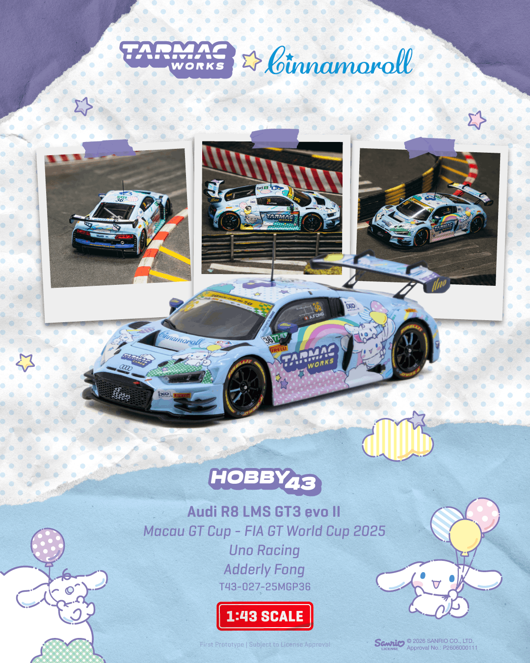 (Pre-order) Tarmac Works 1/43  Audi R8 LMS GT3 evo II Macau GT Cup 2025 Uno Race