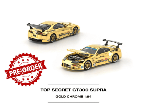 Load image into Gallery viewer, (Pre-order) POPRACE 1/64 - TOP SECRET GT300 SUPRA GOLD CHROME Diecast Model Car
