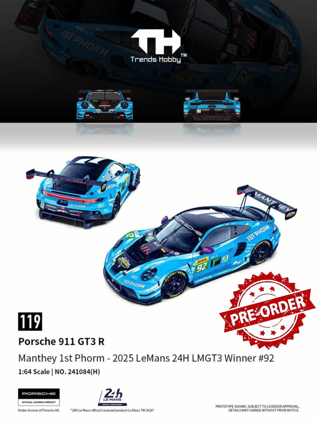 (Pre-order) Trends Hobby 1/64  Diecast Porsche 911 GT3 R LeMan 24H 2025 #92