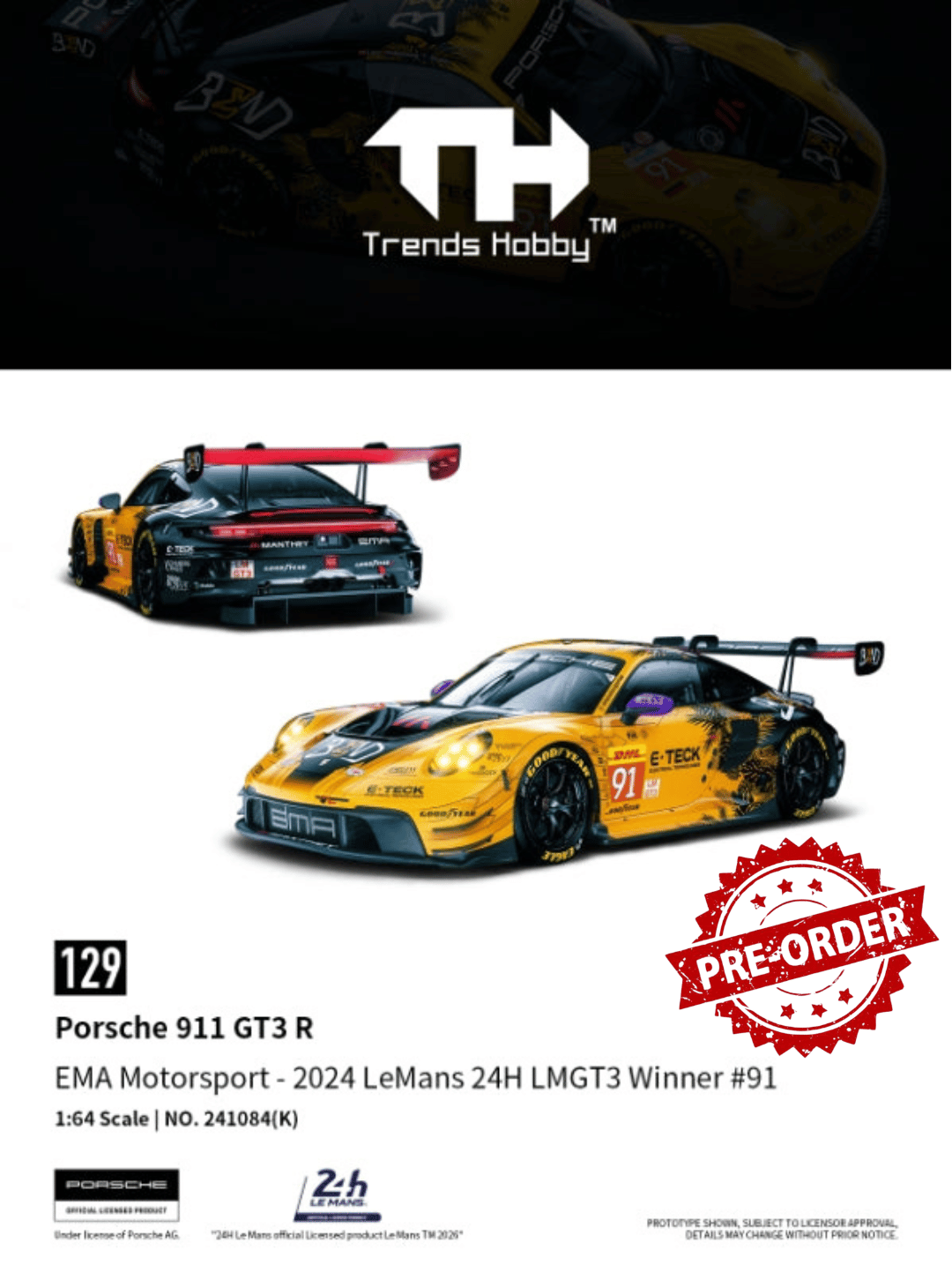 (Pre-order) Trends Hobby 1/64 Diecast Porsche 911 GT3 R - LeMans 24H 2024 #91