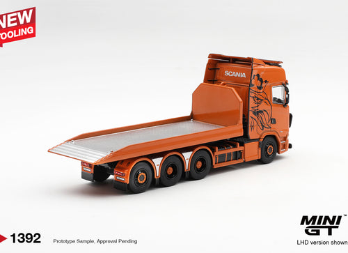 Load image into Gallery viewer, (Pre-order) Mini GT #1392 Scania 770S B8x4NA Hooklift Flatbed Orange LHD
