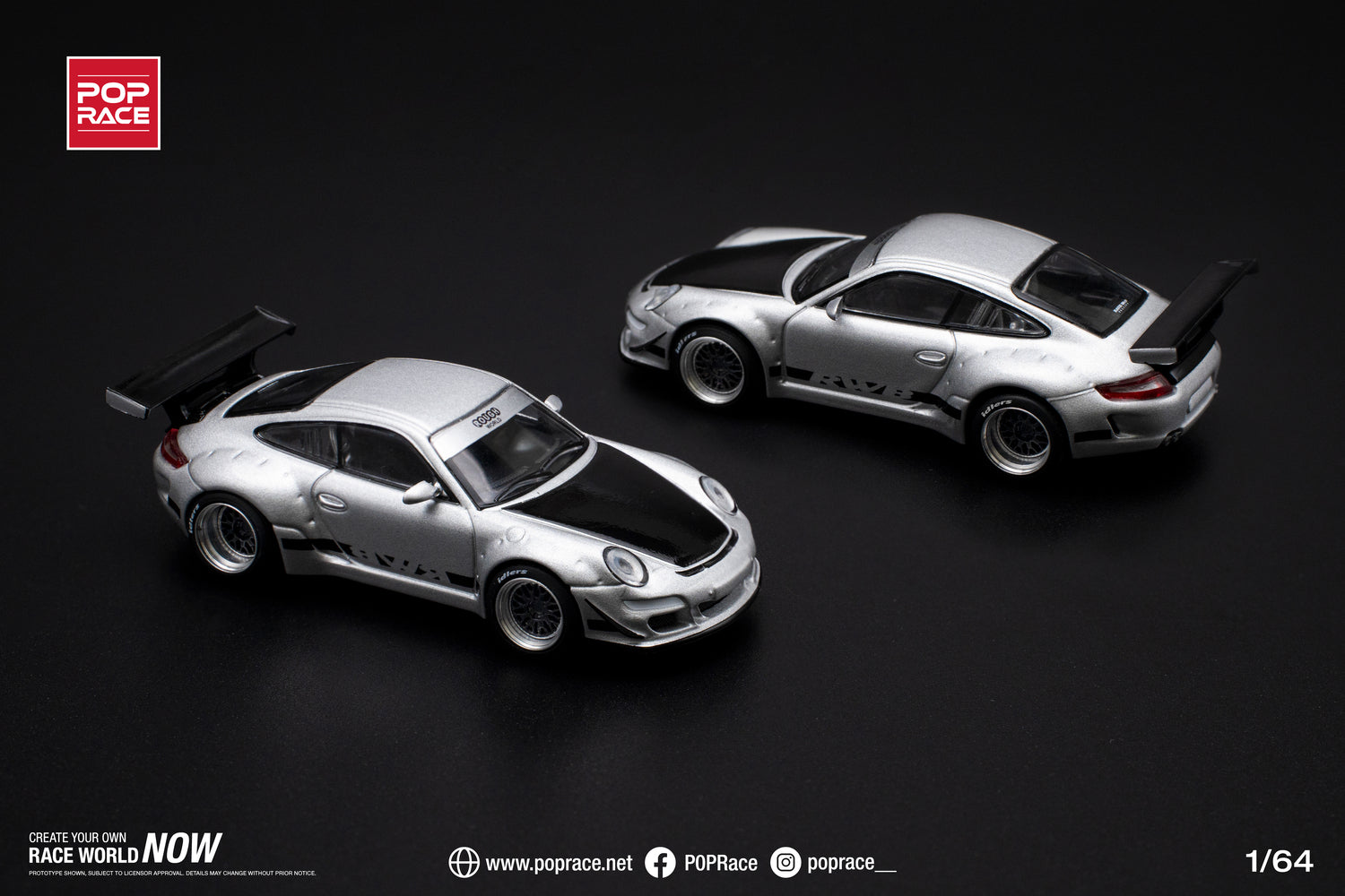 POPRACE 1/64 RWB 997 Silver Diecast Model Car