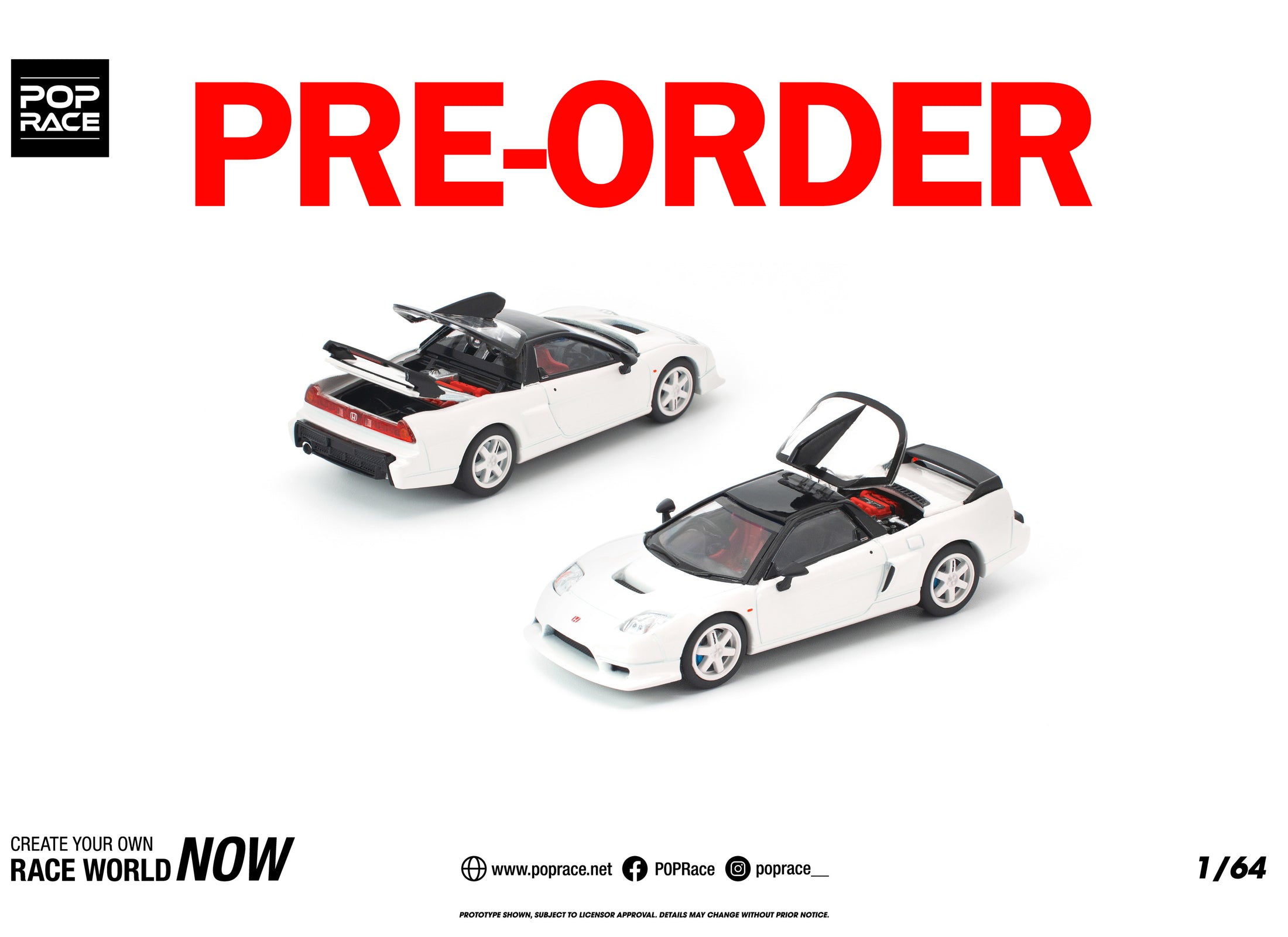 (Pre-order) POP RACE 1/64 HONDA NSX-R GT WHITE Diecast Model Car #PR640407