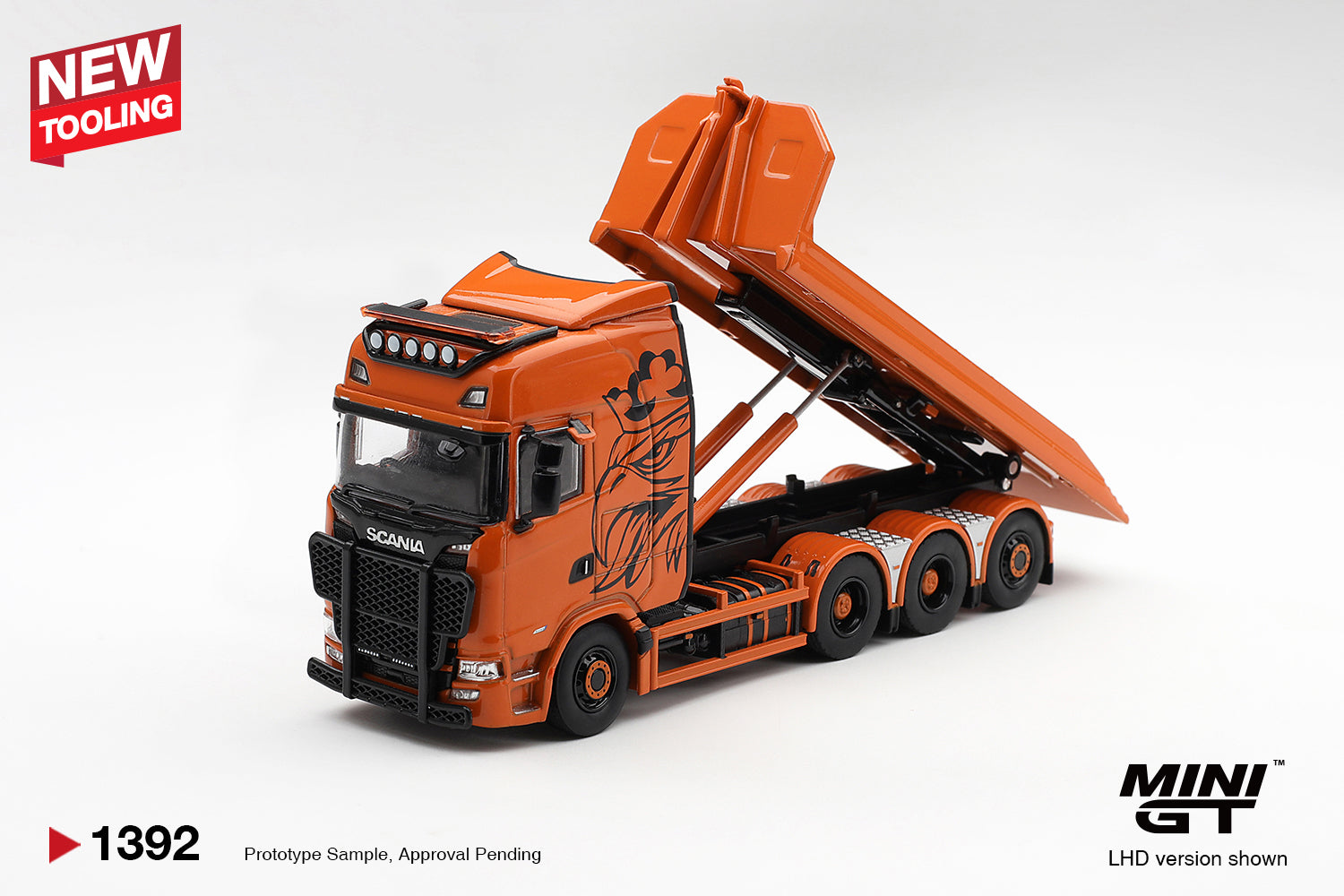 (Pre-order) Mini GT #1392 Scania 770S B8x4NA Hooklift Flatbed Orange LHD