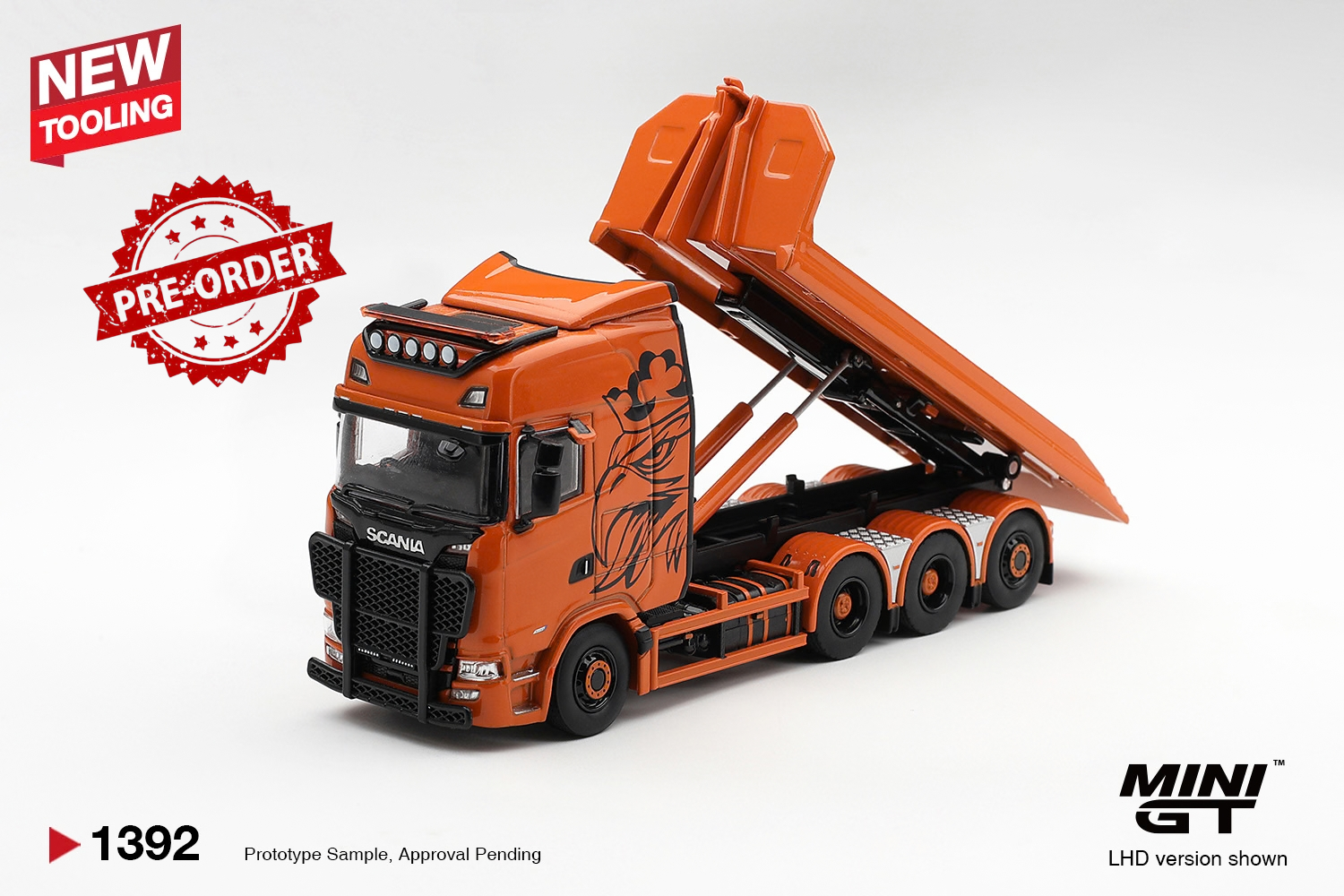 (Pre-order) Mini GT #1392 Scania 770S B8x4NA Hooklift Flatbed Orange LHD