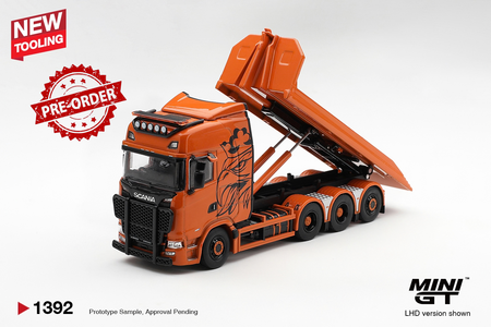 (Pre-order) Mini GT #1392 Scania 770S B8x4NA Hooklift Flatbed Orange LHD