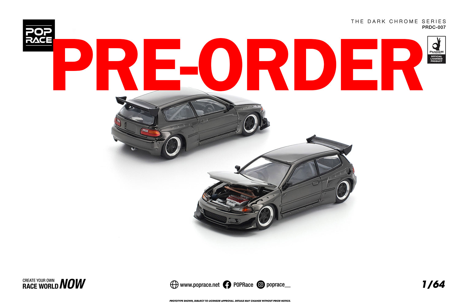 (Pre-order) POPRACE 1/64 PANDEM CIVIC EG6 DARK CHROME Diecast Model Car
