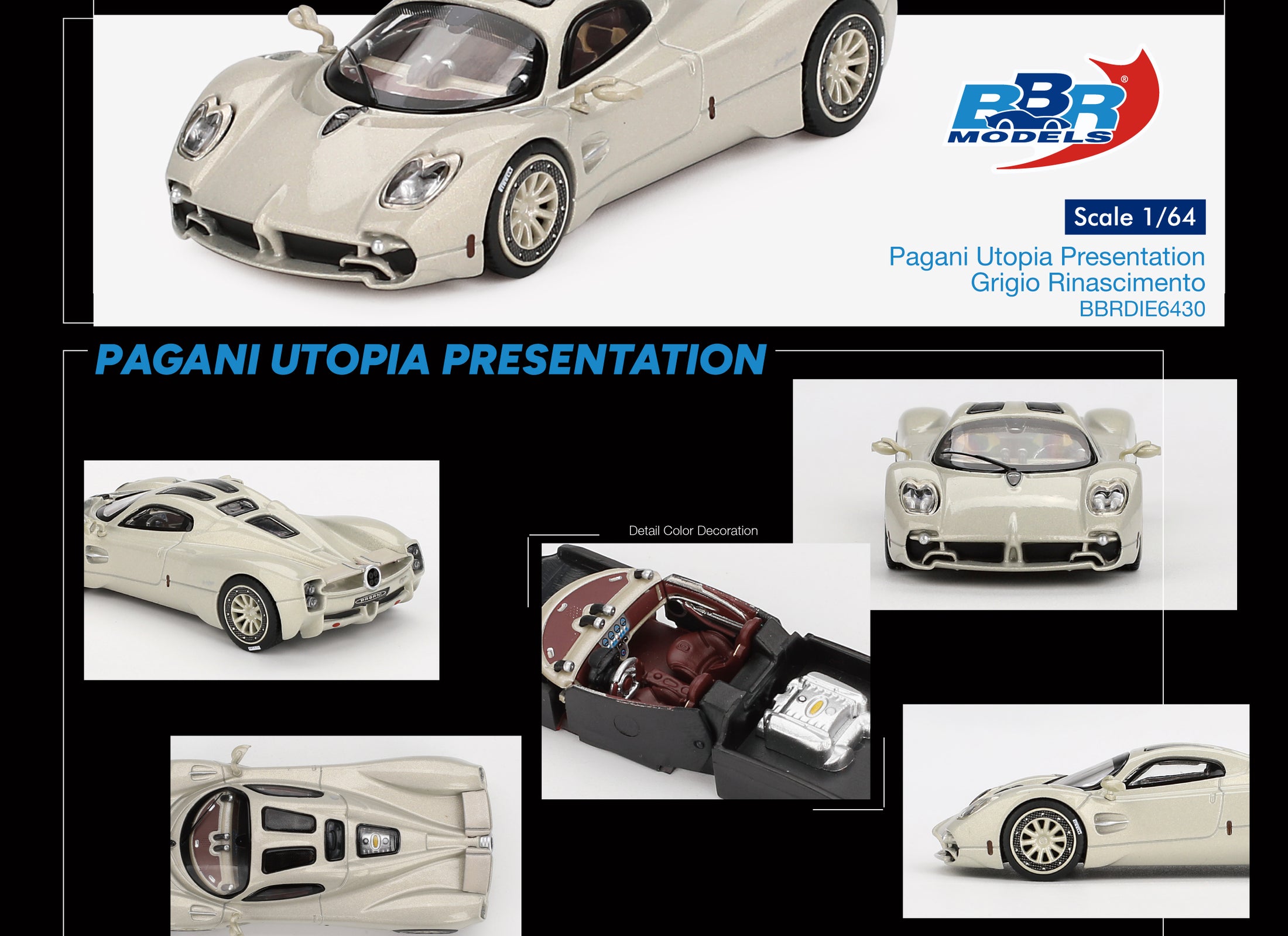 BBR 1:64 Pagani Utopia Presentation Grigio Rinascimento Model Car