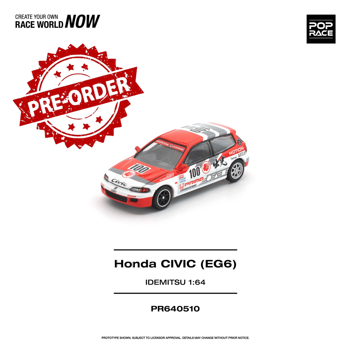 (Pre-order) POP RACE 1/64 HONDA CIVIC (EG6) IDEMITSU Diecast Model Car #PR640510