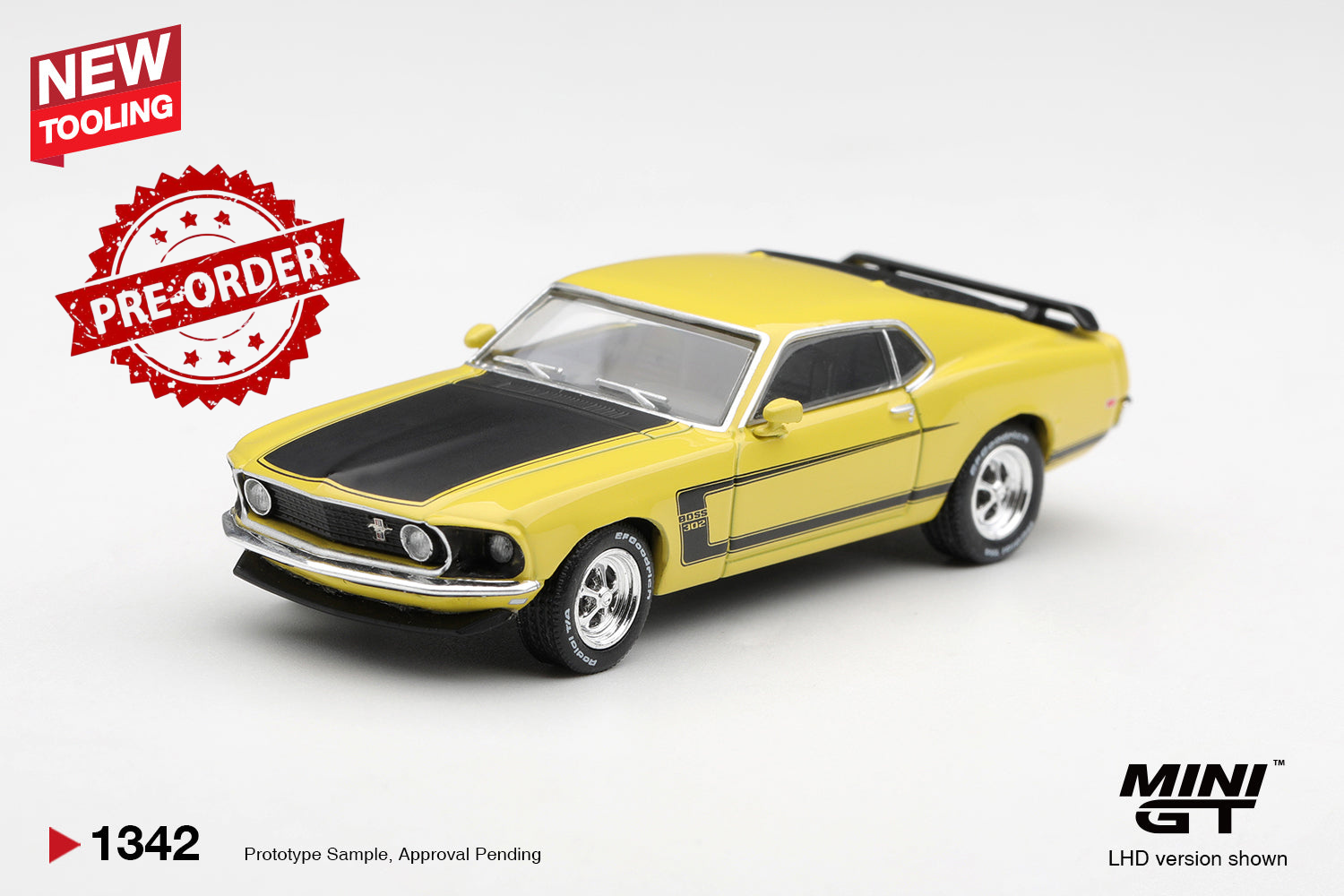(Pre-order) Mini GT #1342 Ford Mustang Boss 302 Bright Yellow 1969 LHD Diecast
