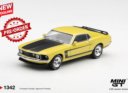 Load image into Gallery viewer, (Pre-order) Mini GT #1342 Ford Mustang Boss 302 Bright Yellow 1969 LHD Diecast
