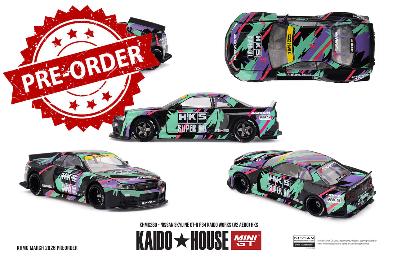 (Pre-order) Kaido House Mini GT Nissan Skyline GT-R R34 Kaido Works V2 Aero HKS