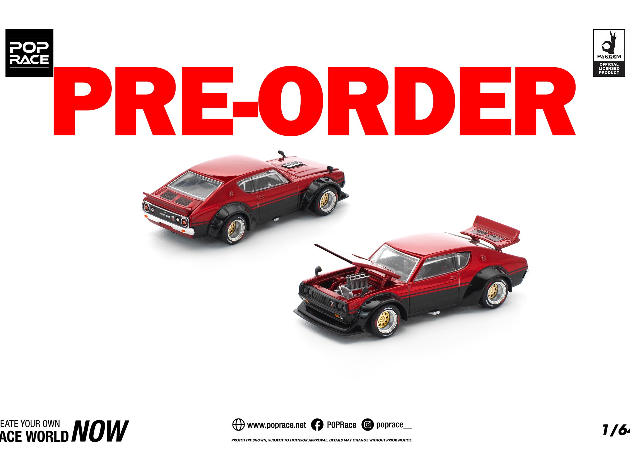 (Pre-order) POPRACE 1/64 KPGC110 KENMERI - RED/BLACK Diecast Model Car