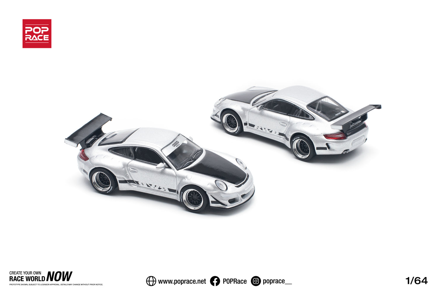 POPRACE 1/64 RWB 997 Silver Diecast Model Car