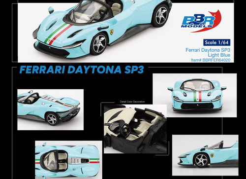 Load image into Gallery viewer, BBR 1/64 Ferrari Daytona SP3 Light Blue Diecast Model Car
