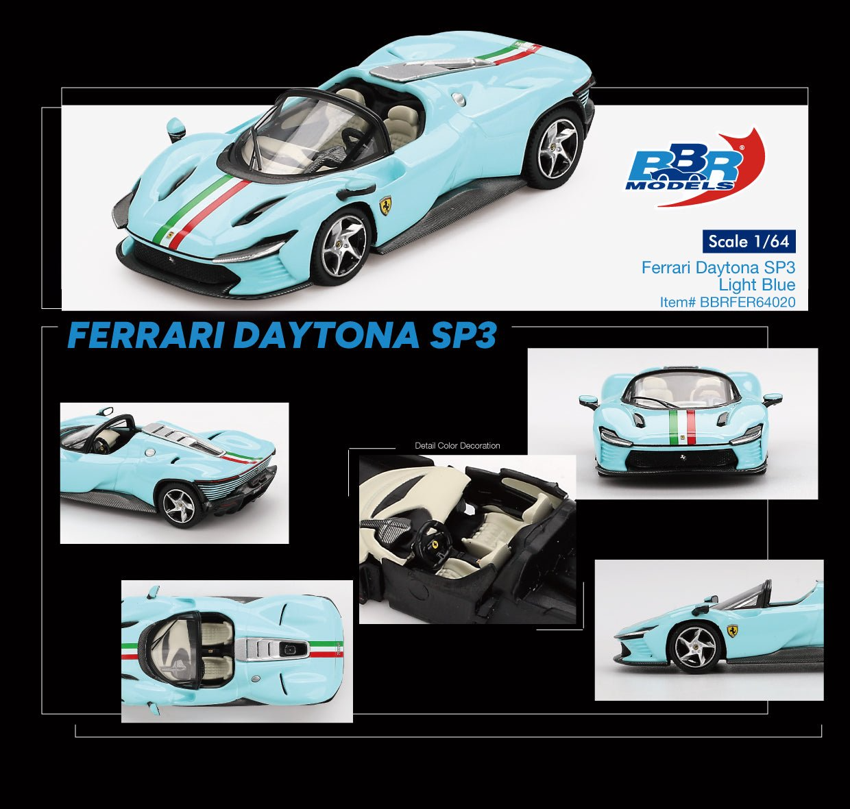 BBR 1/64 Ferrari Daytona SP3 Light Blue Diecast Model Car