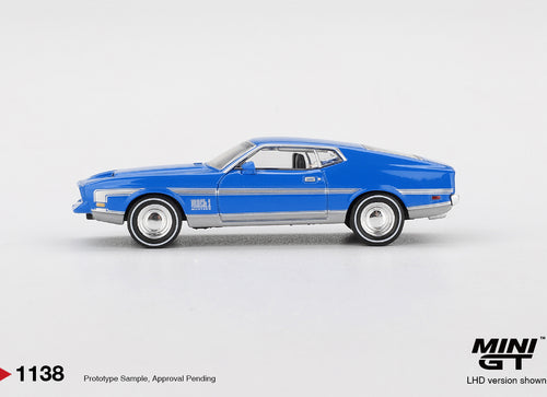 Load image into Gallery viewer, MINI GT #1138 Ford Mustang Mach 1 Grabber Blue Diecast Model Car
