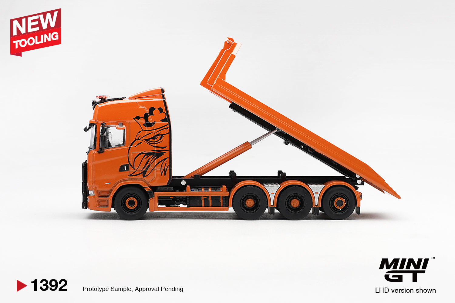 (Pre-order) Mini GT #1392 Scania 770S B8x4NA Hooklift Flatbed Orange LHD