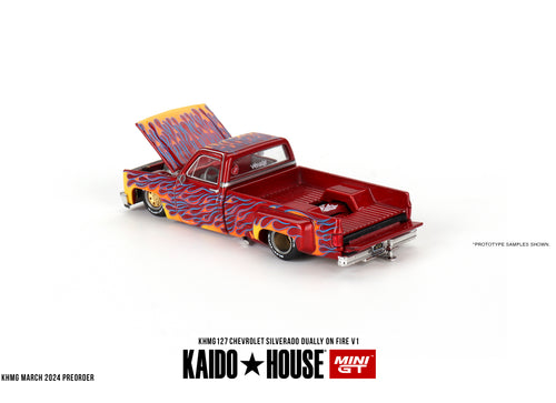 Load image into Gallery viewer, Mini GT x Kaido House 1/64 Chevrolet Silverado Dually on Fire V1
