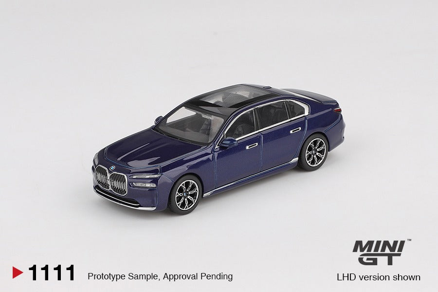 MINI GT #1111 BMW i7 xDrive60 Tanzanite Blue Metallic RHD Diecast