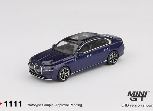 Load image into Gallery viewer, MINI GT #1111 BMW i7 xDrive60 Tanzanite Blue Metallic LHD Diecast
