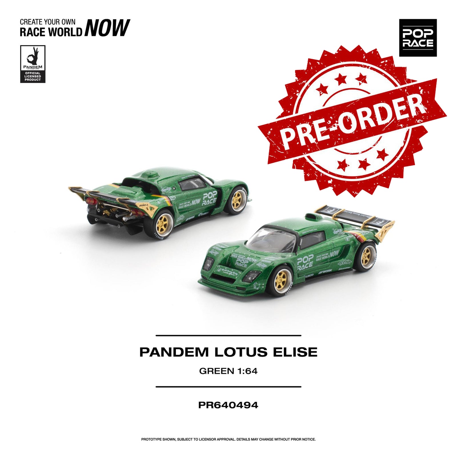 (Pre-order) POPRACE 1/64 - PANDEM LOTUS ELISE GREEN Removeable Front and Rear