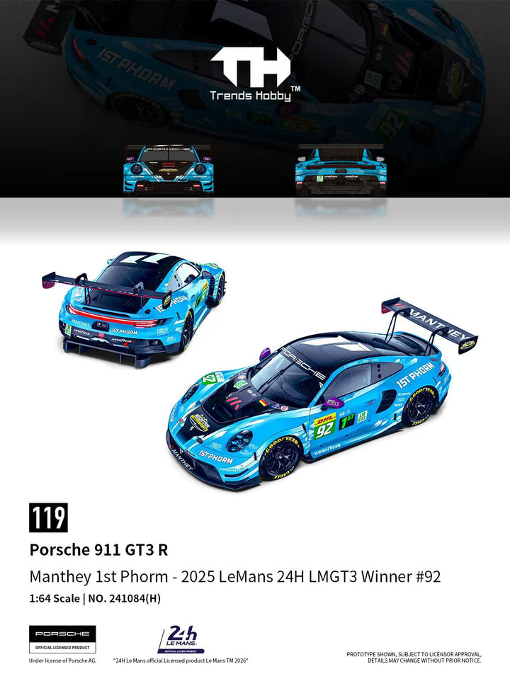 (Pre-order) Trends Hobby 1/64  Diecast Porsche 911 GT3 R LeMan 24H 2025 #92