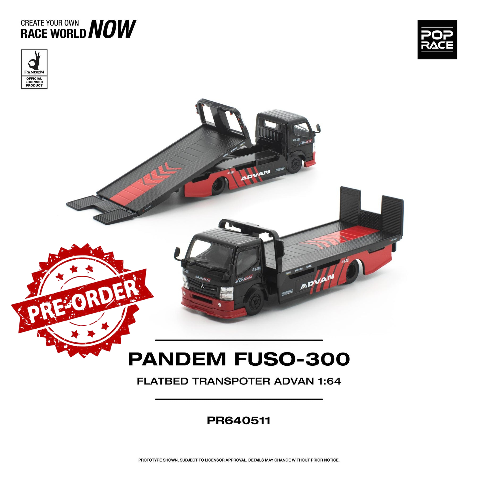 (Pre-order) POP RACE 1/64 PANDEM FUSO-300 FLATBED TRANSPORTER ADVAN Diecast Car