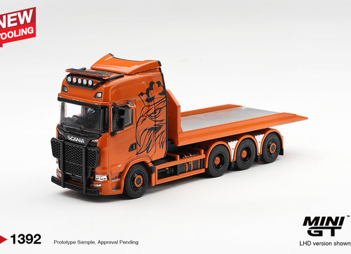 Load image into Gallery viewer, (Pre-order) Mini GT #1392 Scania 770S B8x4NA Hooklift Flatbed Orange LHD
