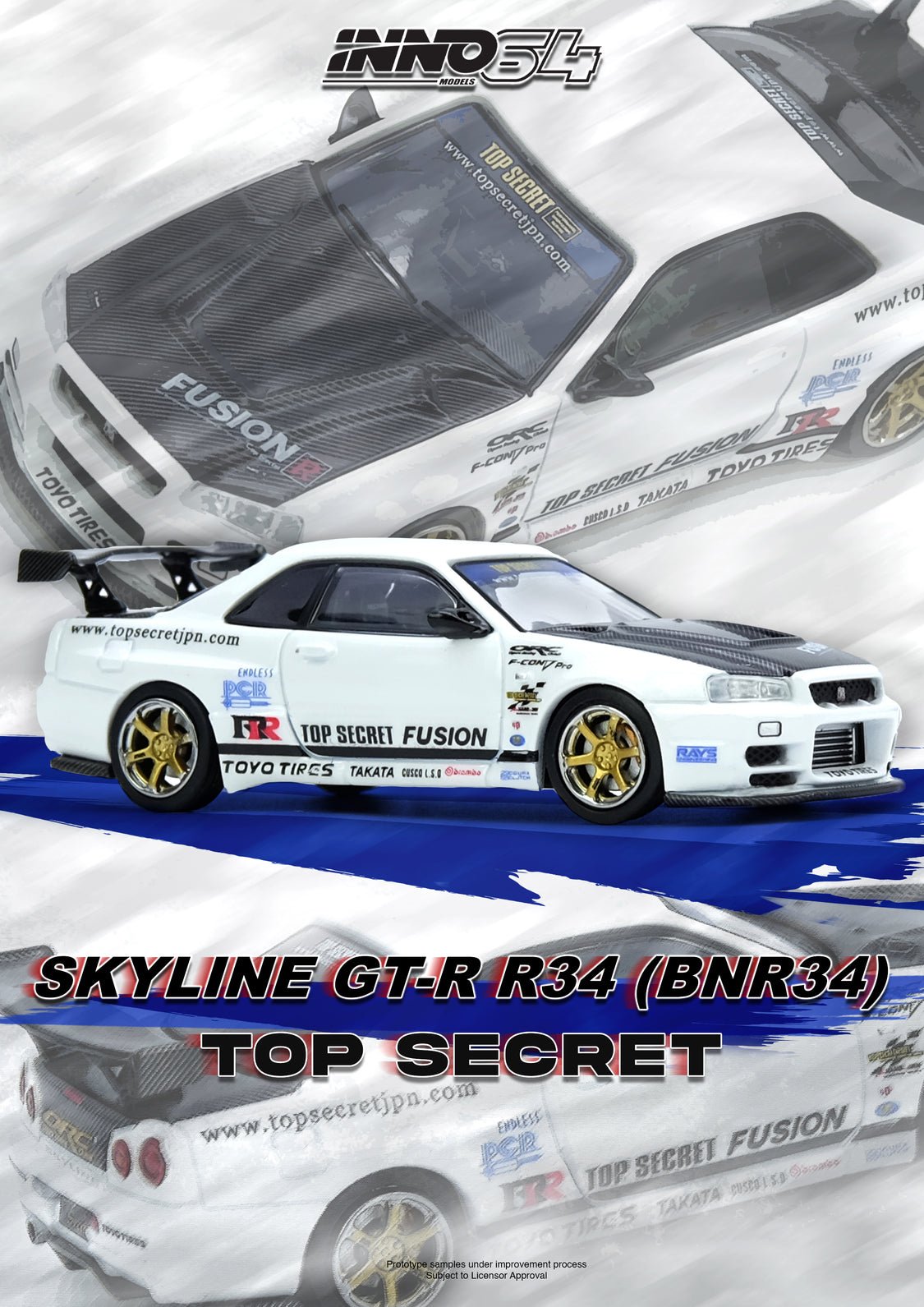 INNO64 1/64 TOP SECRET R34 GT-R White Diecast Model Car