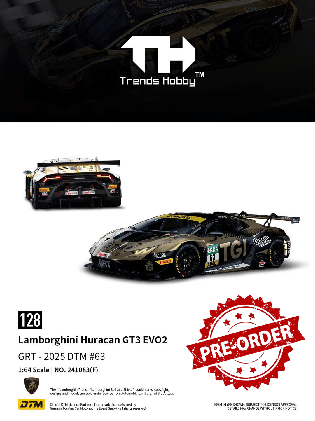 (Pre-order) Trends Hobby 1/64 Diecast Lamborghini Huracan GT3 EVO2 DTM 2025 #63