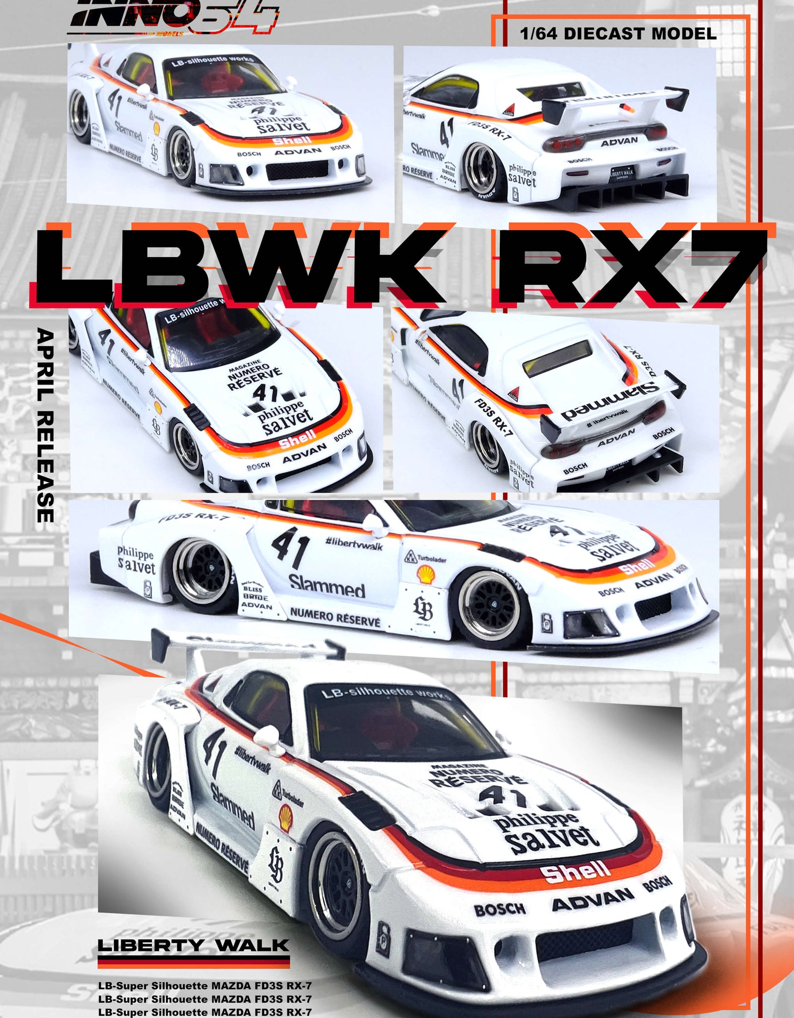 INNO64 1/64 Die-cast MAZDA RX7 (FD3S) LB-SUPER SILHOUETTE Model Car