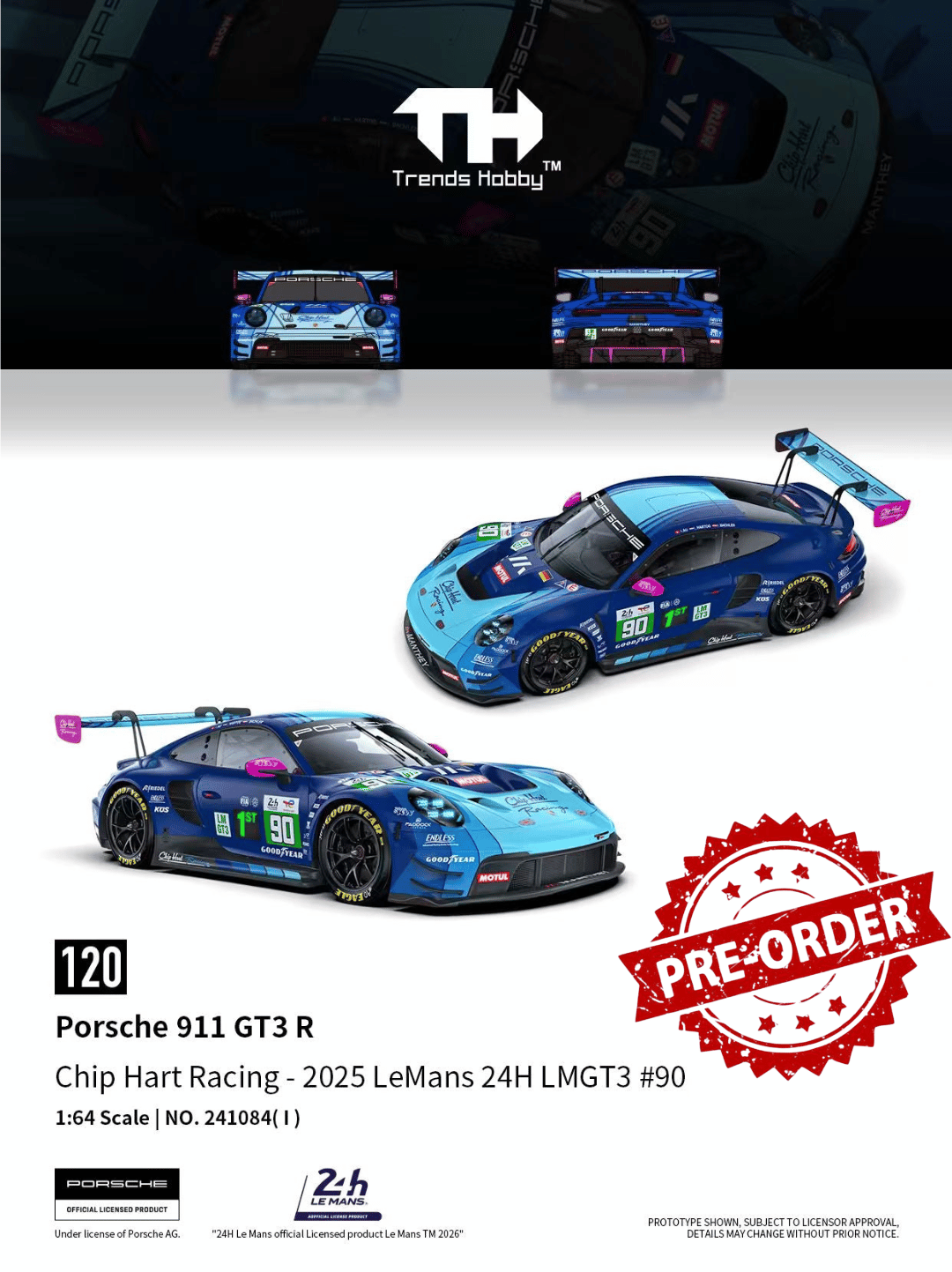 (Pre-order) Trends Hobby 1/64  Diecast Porsche 911 GT3 R LeMan 24H 2025 #90