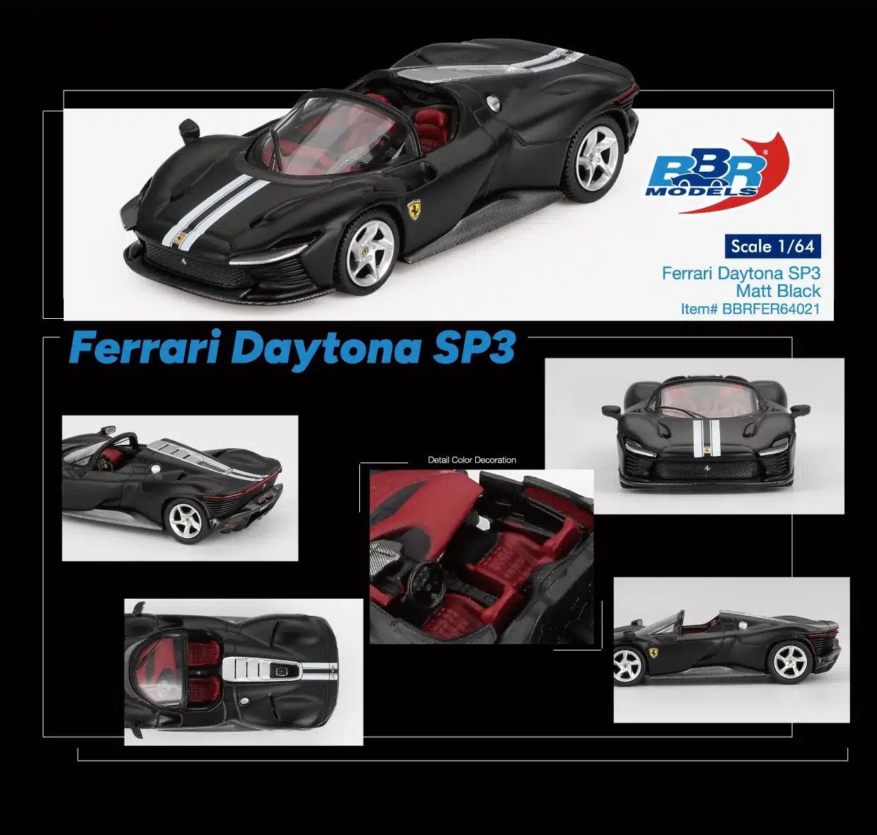 BBR 1/64 Ferrari Daytona SP3 Matt Black Diecast Model Car
